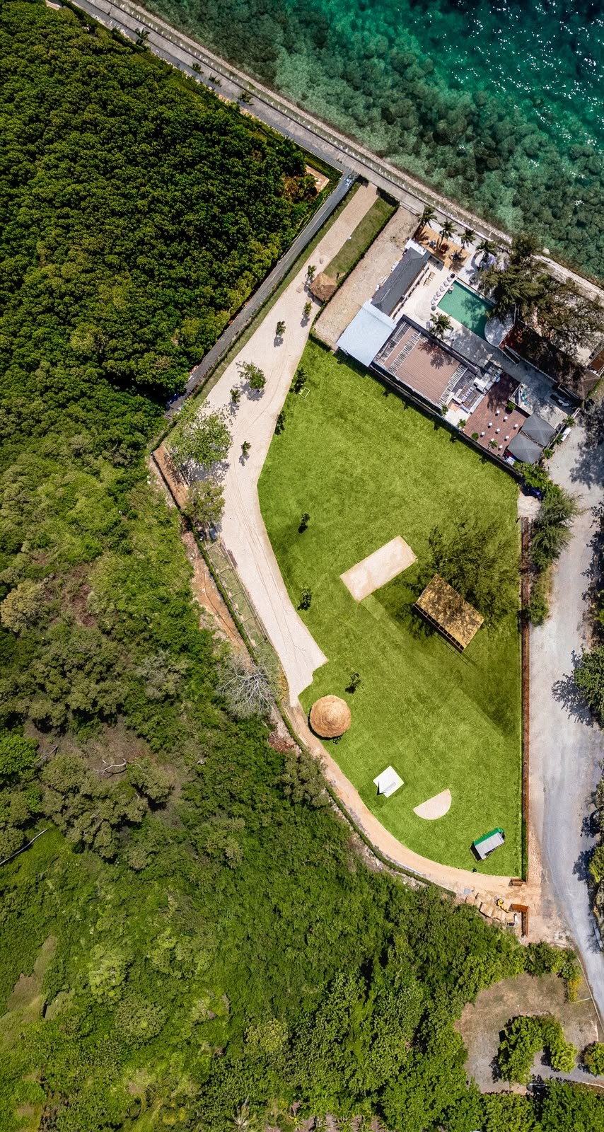 Aerial view of a festival site beside the sea in Chalong, Phuket