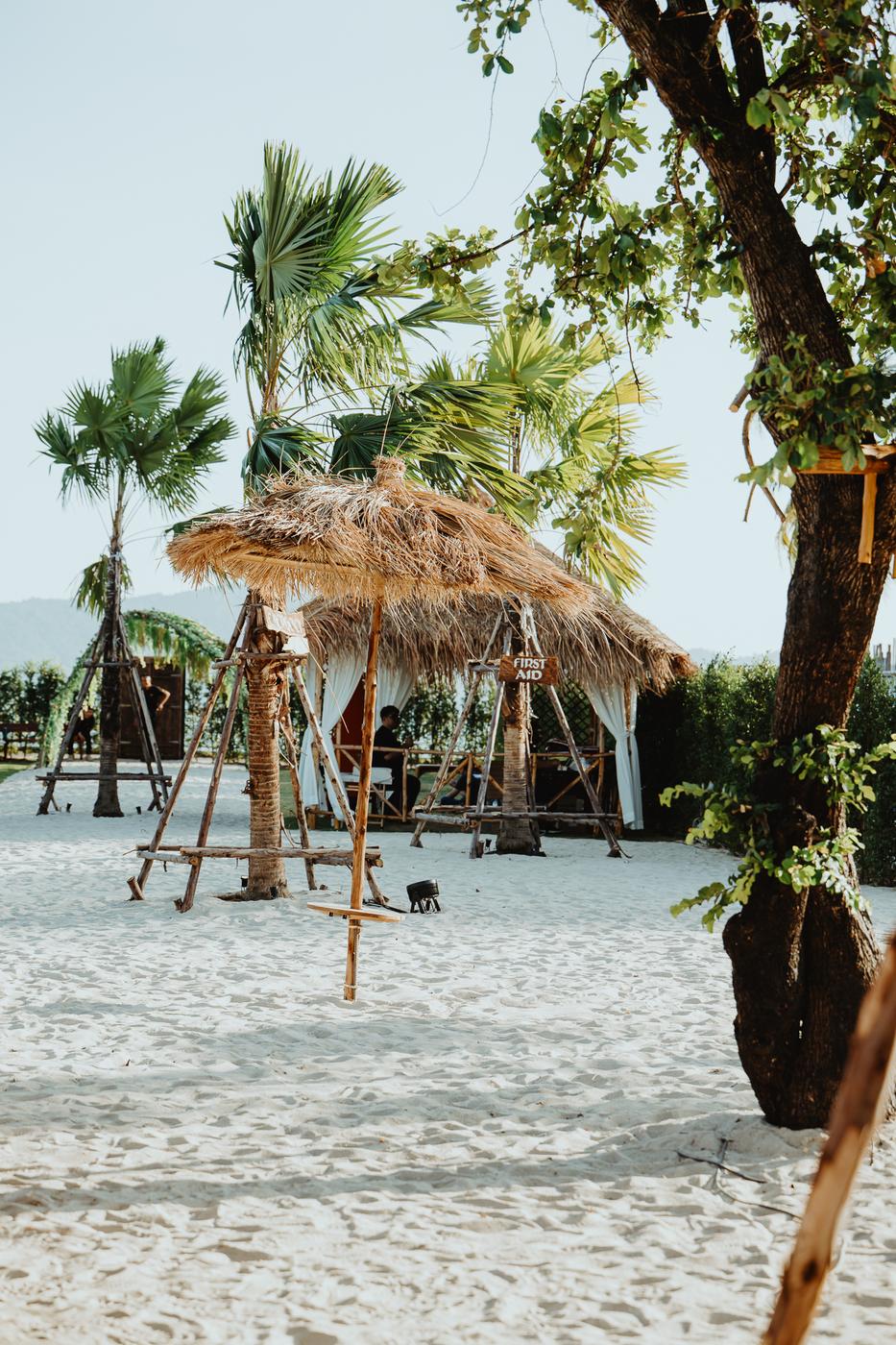 Thatched hut on a sandy beach under palms